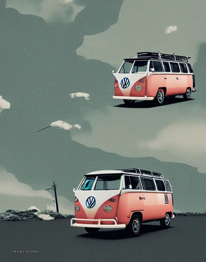 Image similar to vw camper touring rural japan, a collage painting, in the style of wes anderson, lola dupre, david hockney, isolated on negative white space background dark monochrome fluorescent spraypaint accents volumetric octane render, no double figure