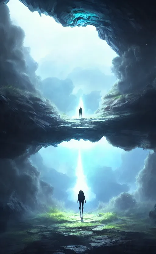 Prompt: a portal into heaven in the distance of a giant cave, dynamic lighting, ambient lighting, atmospherical, photorealistic fantasy concept art, trending on art station, stunning visuals, creative, cinematic, ultra detailed