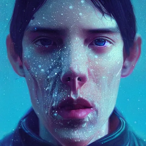 Prompt: 3 d, sci - fi, close - up, winter, man esthete with disgust face, moon rays, cinematic, fog, multiple exposure, deep blue mood, vogue cover style, poster art, intricate oil painting, high detail illustration, figurative art, poster art, by tooth wu and wlop and beeple and greg rutkowski