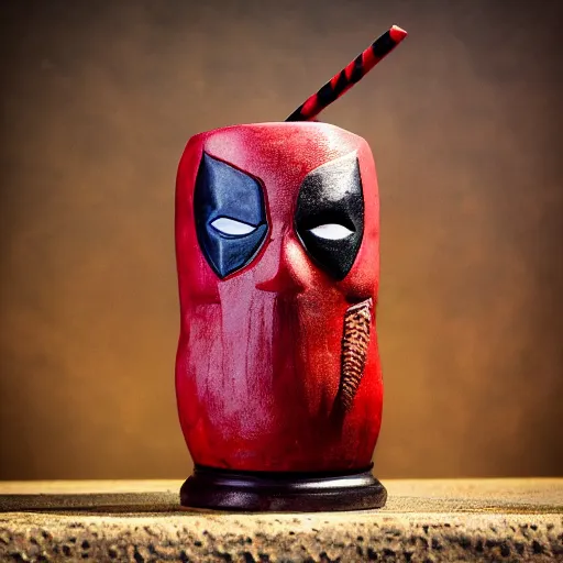 Image similar to a closeup photorealistic photograph of a deadpool style tiki mug sitting at a trader vic's bar featuring the face of deadpool. tiki culture. bright scene. fine detail. this 4 k hd image is trending on artstation, featured on behance, well - rendered, extra crisp, features intricate detail, epic composition and the style of unreal engine.