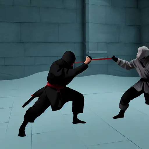 Prompt: a ninja fighting another ninja, they are in some random place fighting, hyperrealstic, video game concept art, realistic lighting, dynamic shadows