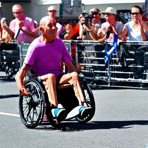 Image similar to photo of hector salamanca winning a wheelchair race, taken with a canon eos 5 d,