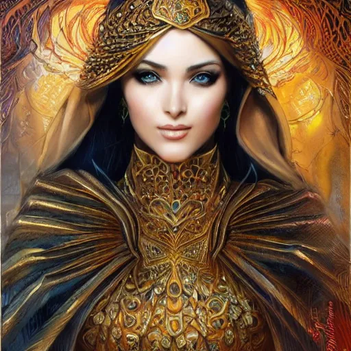 Image similar to a beautiful arabian woman by karol bak, ayami kojima, artgerm, arabian beauty, blue eyes, smile, concept art, fantasy