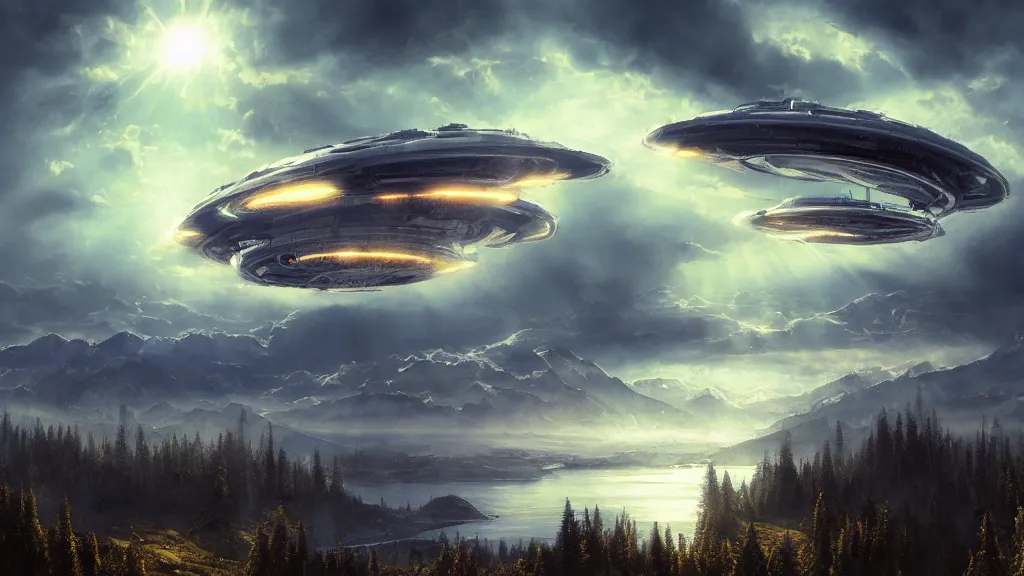 Prompt: alien mothership hovering over vancouver by eugene von guerard, ivan shishkin, dramatic lighting, concept art, trending on artstation, 8 k