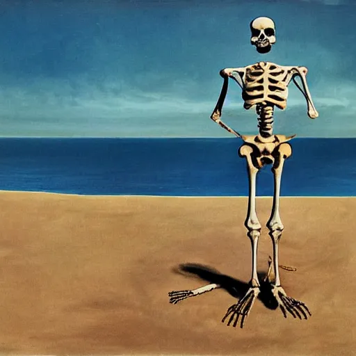 Image similar to a skeleton standing on a beach next to the ocean, a surrealist painting by Storm Thorgerson, featured on cg society, nuclear art, surrealist, apocalypse landscape, chillwave