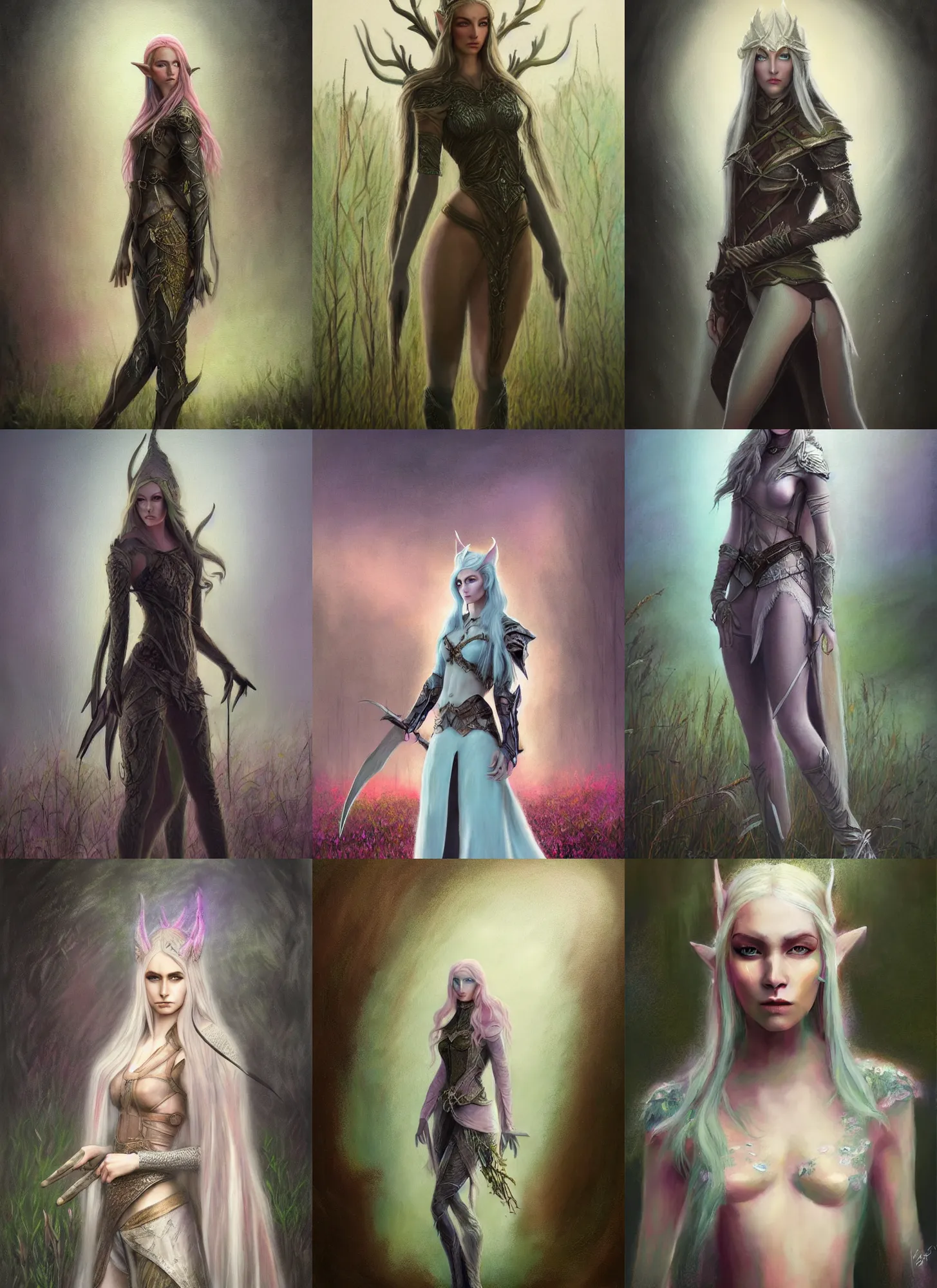 Prompt: a soft focus pastel canvas painting of beautiful full body concept art, beautiful face, elven female rogue wearing full intricate clothing standing in a field, dystopian, dark lighting, micro detail