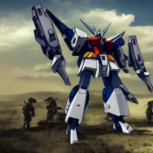Prompt: a gundam-style mech riding a giant robot mule, both of which have military markings and light camouflage n -4