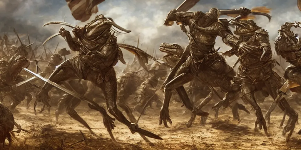 Image similar to an expansive battlefield scene showing a battle between bipedal medieval armored frogs and bipedal rat men with swords, extremely detailed, 8k resolution, in gladiator, cinematic, art by artgerm