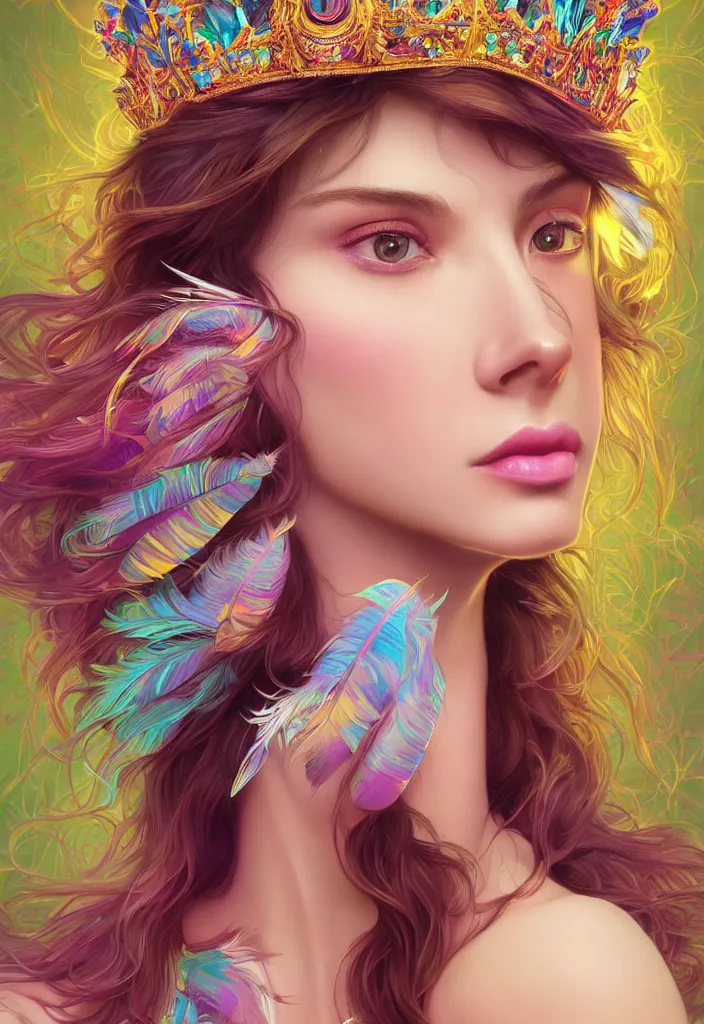 Image similar to beautiful, young woman, detailed gorgeous face, vaporwave aesthetic, synthwave, colorful, psychedelic, water droplets, feathers, crown, artstation, concept art, smooth, extremely sharp detail, finely tuned detail, ultra high definition, 8 k, unreal engine 5, ultra sharp focus, illustration, art by artgerm and greg rutkowski and alphonse mucha