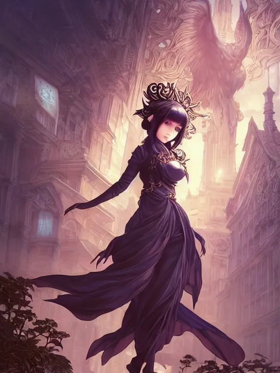 Image similar to full body picture of a female summoner with creatures in the city, coveted, beautiful and aesthetic, intricate, unreal engine, messy hair, highly detailed, detailed face, smooth, sharp focus, chiaroscuro, manga illustration, artgerm, greg rutkowski, ilya kuvshinov, rossdraws, alphonse mucha, young adult light novel cover art