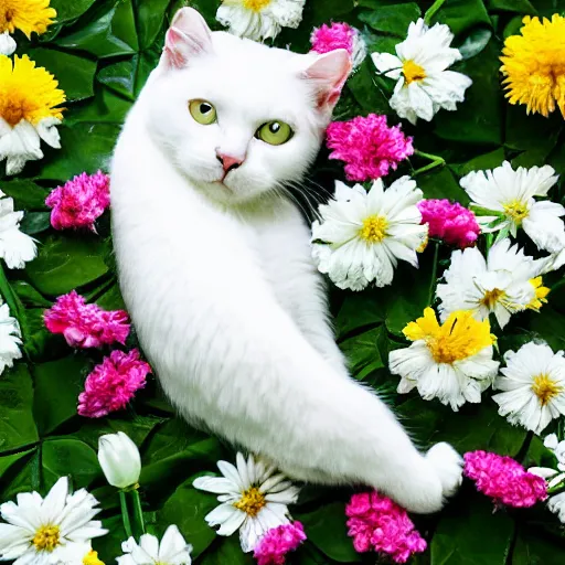 Image similar to a photo of a white cat laying on his back surrounded by flowers.