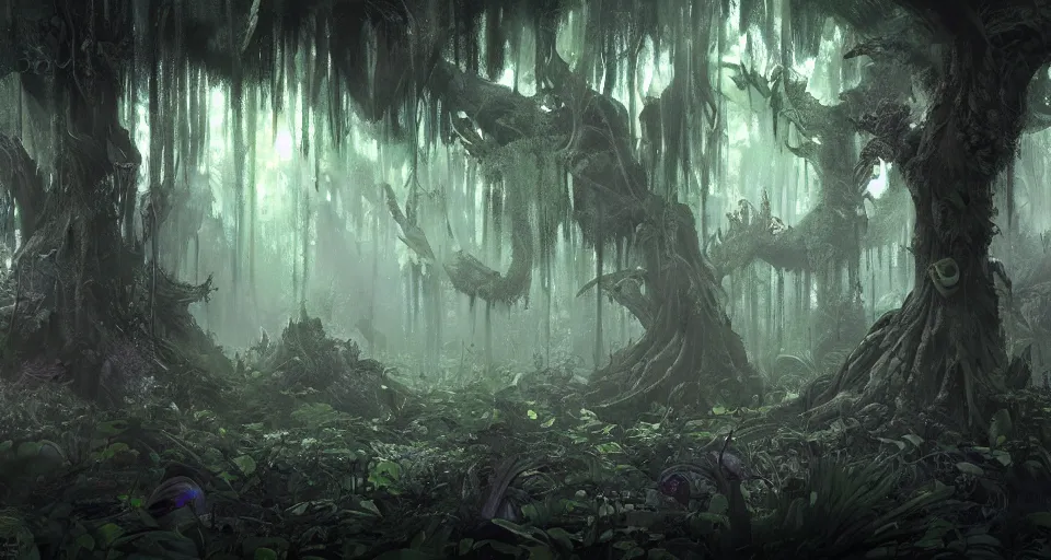 Image similar to A dense and dark enchanted forest with a swamp, by Blizzard Concept Artists