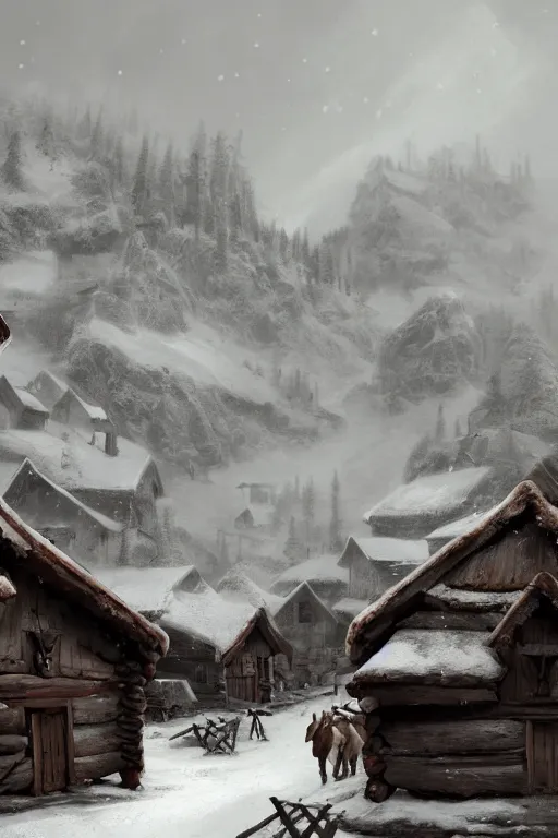 Image similar to mountain village with wooden viking houses in the snow, blizzard, landscape, raphael lacoste, eddie mendoza, alex ross, concept art, matte painting, highly detailed, rule of thirds, dynamic lighting, cinematic, detailed, denoised, centerd