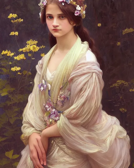 Image similar to a portrait painting of a shy, blushing 1 6 - year old princess resembling alicia vikander in a tiara and an iridescent art nouveau gown watching the lantern festival, intricate, elegant, highly detailed, artstation, concept art, by krenz cushart and artem demura and william adolph bouguereau and alphonse mucha