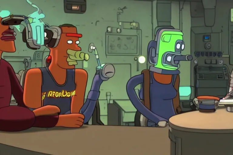 Prompt: a cinematic still of Bender smoking weed with Leila on a podcast, smoke, octane render, nvidia raytracing demo, in Futurama (1999)