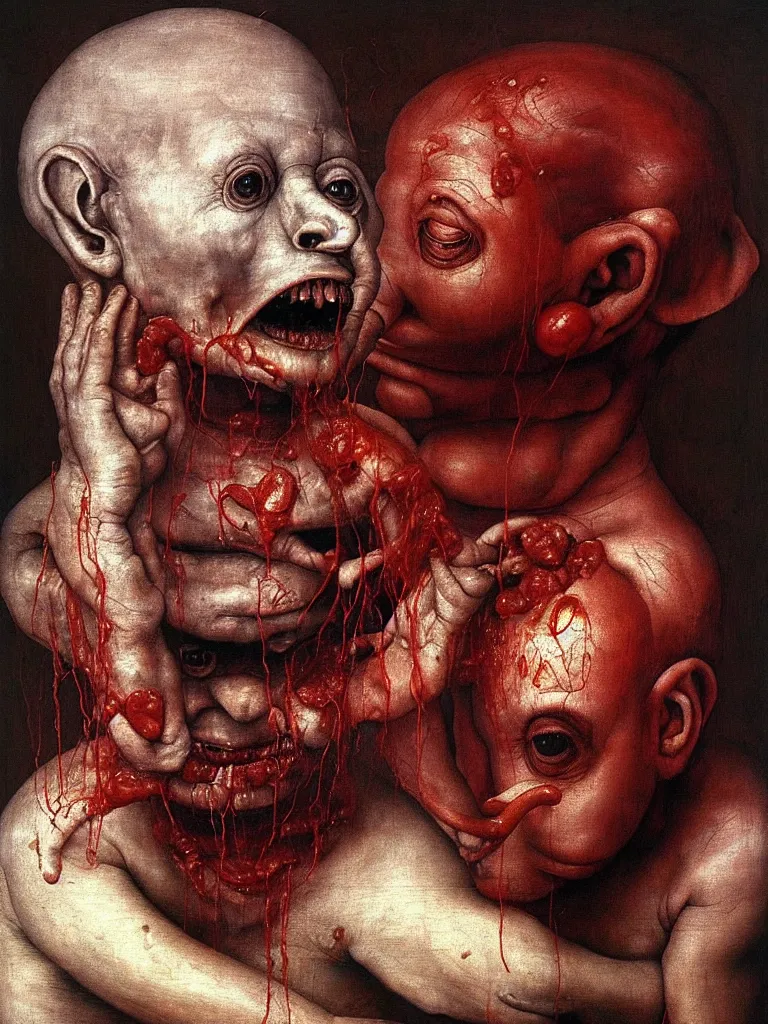 Image similar to a boy like eraserhead and elephant man sitting in a tub full of tomato sauce, looking straight into camera, screaming in desperation, by giuseppe arcimboldo and ambrosius benson, renaissance, fruit, intricate and intense oil paint, a touch of beksinski and hr giger and edward munch, realistic, rules of composition, headspace