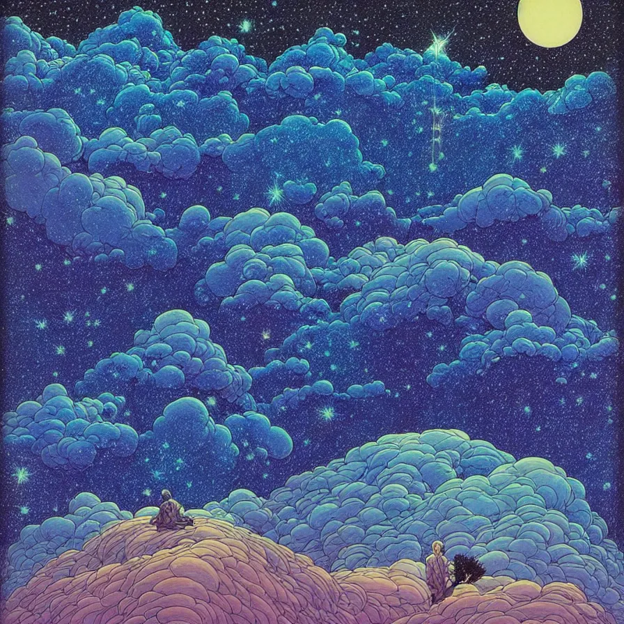 Image similar to ( ( ( ( beautiful starry sky and cloud and forest ) ) ) ) ) by mœbius!!!!!!!!!!!!!!!!!!!!!!!!!!!, overdetailed art, colorful, record jacket