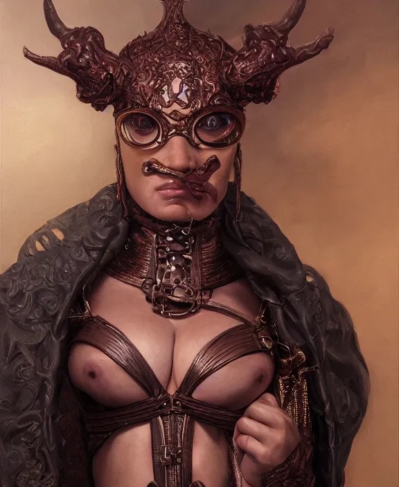 Image similar to a detailed hyperrealistic renaissance demon wearing an a intricate beautiful thick leather set, honey birdette, realistic renaissance portrait, highly detailed, digital painting, artstation, concept art, smooth, sharp focus, cinematic lighting, art by artgerm and wlop and jules joseph lefebvre and john maler collier, ilya kuvshinov