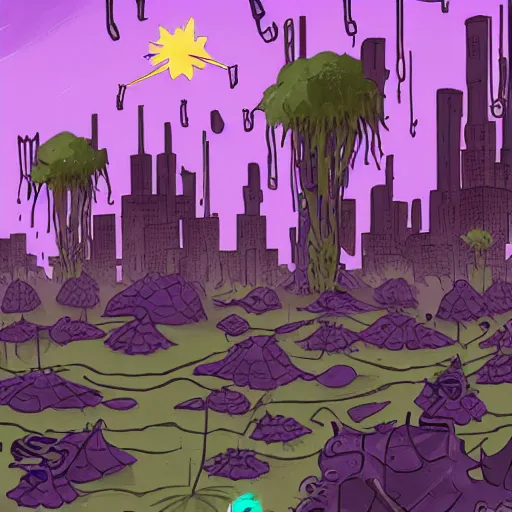 Prompt: magic purple corruption taint eldritch plants spreads across post - apocalyptic city