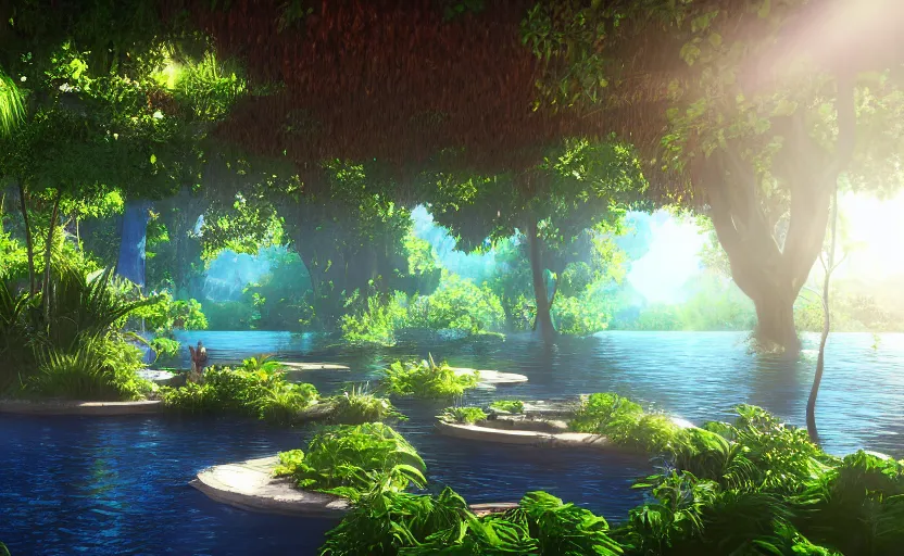 Prompt: photorealistic aetherpuinlberpunk lakehousein a lush dessert oasis. daylight. sunlight. lens flare. light fixtures. 8K. detailed. photorealism. artstation. 25mm f/1.7 ASPH Lens. ultra realistic