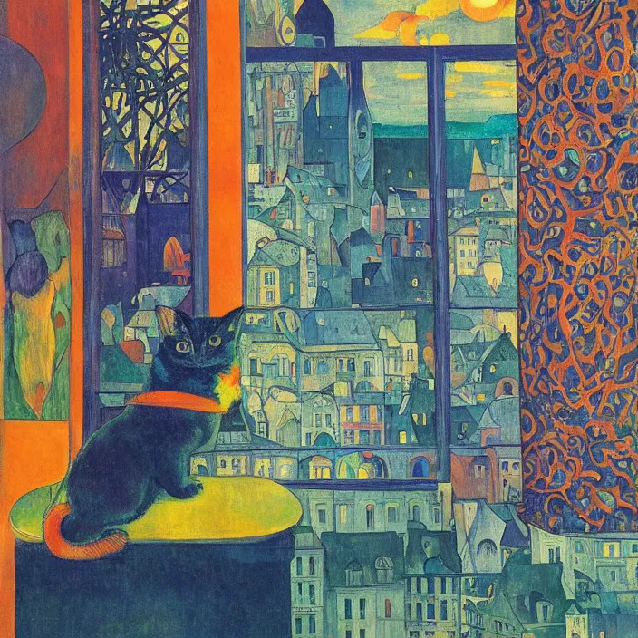 Image similar to dark blue indigo cat sitting in a window, looking at the city with gothic cathedral. sun setting through the clouds, vivid iridescent psychedelic colors. gauguin, agnes pelton, egon schiele, henri de toulouse - lautrec, utamaro, monet