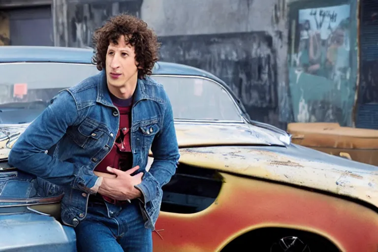 Image similar to a cinematic still from hotrod movie of ((andy samberg))