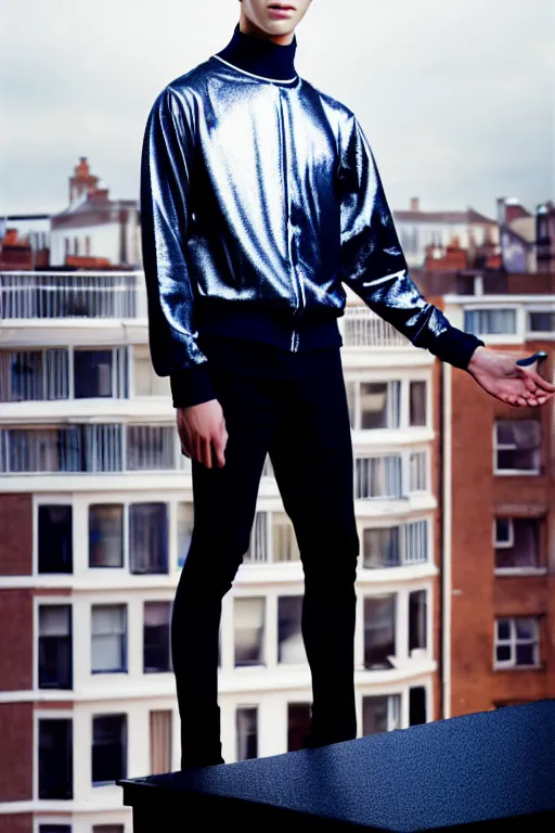 Image similar to un ultra high definition studio quality photographic art portrait of a young man standing on the rooftop of a british apartment building wearing soft padded silver pearlescent clothing. three point light. extremely detailed. golden ratio, ray tracing, volumetric light, shallow depth of field. set dressed.