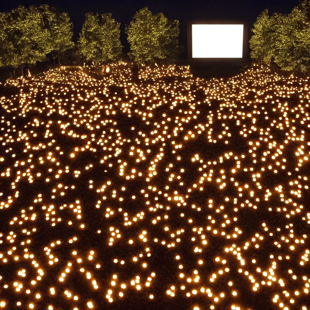 Prompt: outdoor cinema screen with giant popcorn kernels at night symmetrical rule of thirds