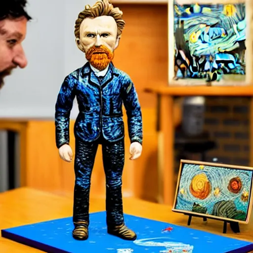 Image similar to vincent van gogh standing next to his painting starry night, stop motion vinyl action figure, plastic, toy, butcher billy style