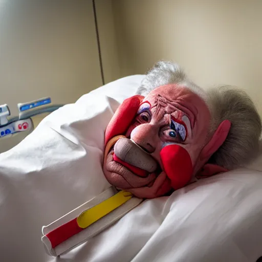 Image similar to crazy elderly clown supine in hospital bed, strapped into bed with restraints, trying to get out but unsuccessful, photograph, 8 k