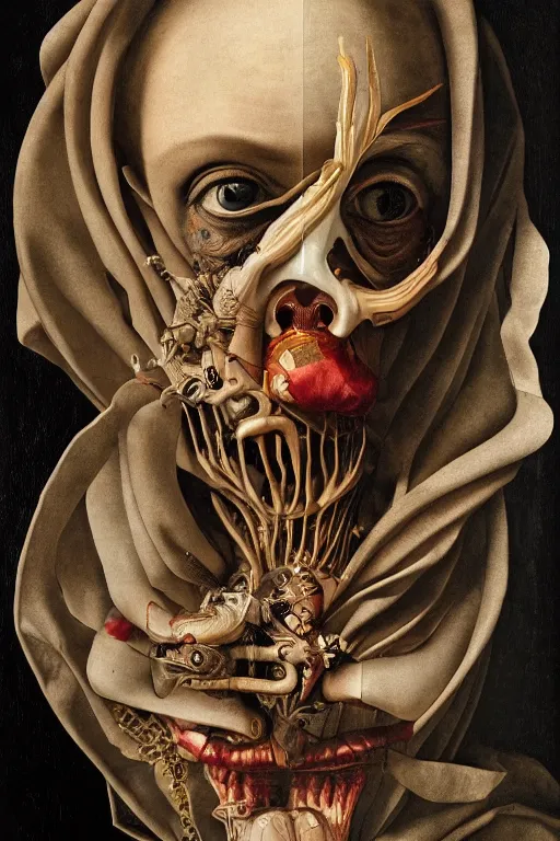 Image similar to Detailed maximalist portrait with large lips and with large wide eyes, surprised expression, surreal extra flesh and bones, HD mixed media, 3D collage, highly detailed and intricate, illustration in the golden ratio, in the style of Caravaggio and Hieronymus Bosch, dark art, baroque