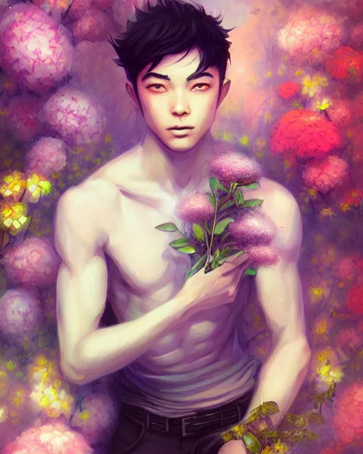 Image similar to a painting of a beautiful man surrounded by flowers, an ultrafine detailed painting by ross tran, centered full body, featured on deviantart, fantasy art, detailed painting, deviantart, anime