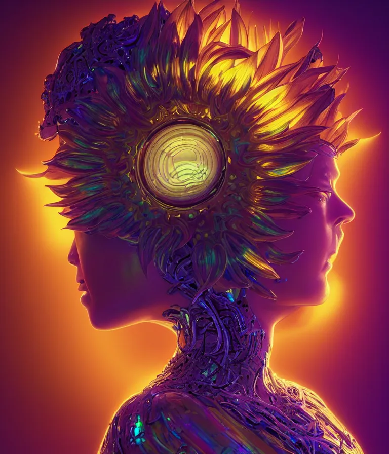 Prompt: iridescent portrait of the sunflower goddess. hard surface modelling. futuristic look. bio luminescent biomechanical halo around her head. neon lighting. artwork by jarold Sng by artgerm, by Eddie Mendoza, by Peter mohrbacher by tooth wu, unreal engine, octane render, cinematic light, high details, iridescent colours, dichroic, macro, 4l