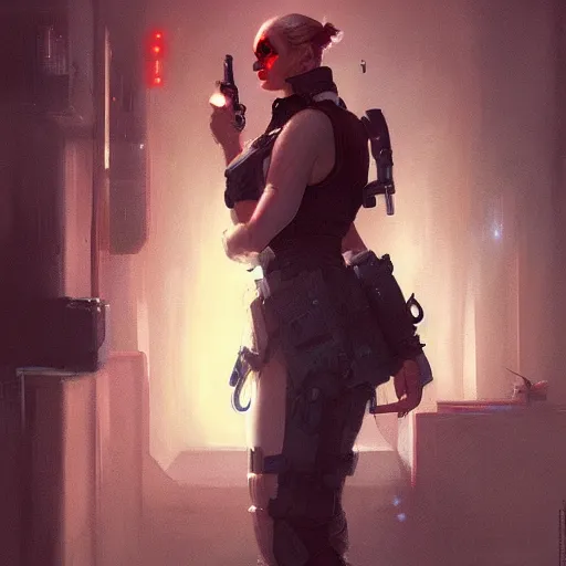 Prompt: a detective questioning a suspect in a dark room, cyberpunk, by charlie bowater, loish, peter mohrbacher, artgerm, greg rutkowski, krenz cushart, wlop, trending on artstation