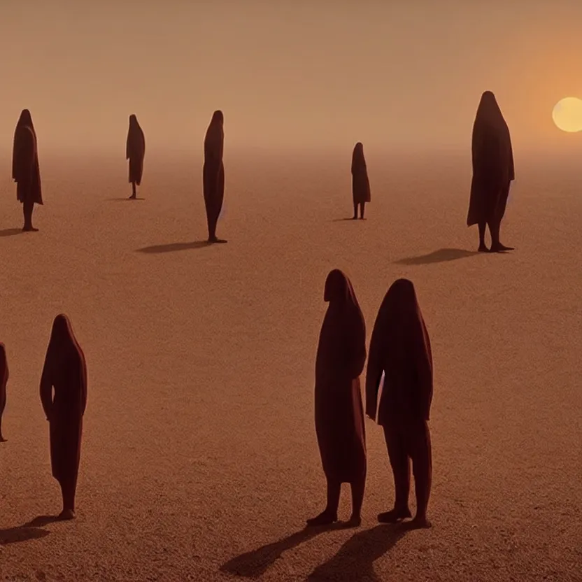 Prompt: thumb people, golden hour lighting, cinematic film still from the movie directed by denis villeneuve with art direction by wayne barlowe and salvador dali, wide lens, f 3 2