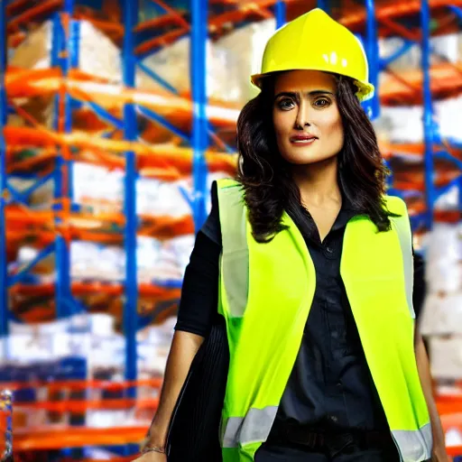 Image similar to photo, close up, salma hayek in a hi vis vest, in warehouse, android cameraphone, 2 6 mm,