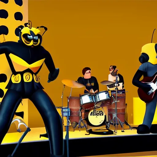 Prompt: bumblebee on stage singing with the band in the style of archies cartoon, high resolution, unreal engine