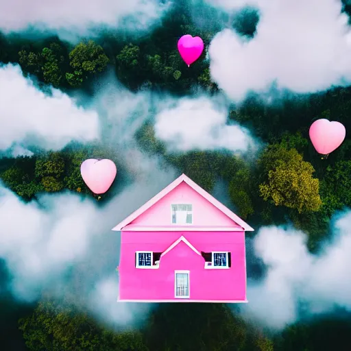 Image similar to a 5 0 mm lens photograph of a cute pink floating modern house, floating in the air between clouds, inspired by the movie up, held up from above by heart ballons. mist, playful composition canon, nikon, award winning, photo of the year