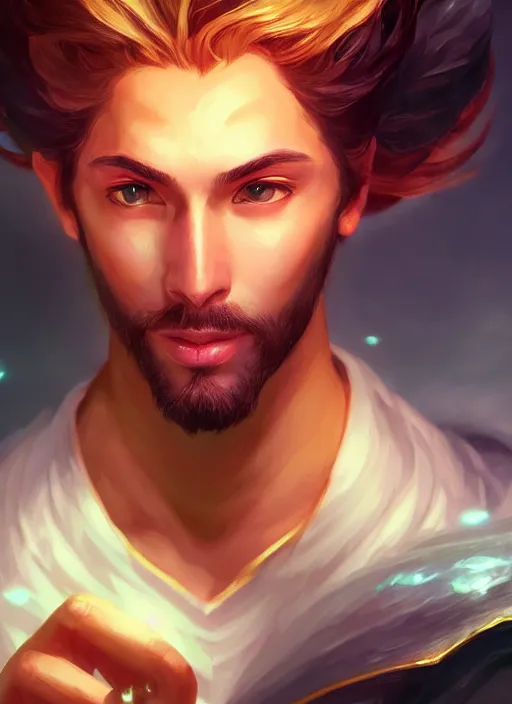 Prompt: handsome lux fortune from league of legends, half body shot, path traced, realistic, highly detailed, high quality, digital painting, hd, alena aenami, lilia alvarado, shinji aramaki, karol bak, alphonse mucha, tom bagshaw