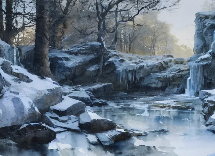 Prompt: watercolor painting of frozen waterfall, oak trees, rocky shore, in winter, rustic stone cabin in horizon, very very very beautiful, art by anders zorn, wonderful masterpiece by greg rutkowski, cinematic light, american romanticism by greg manchess, creation by tyler edlin