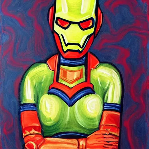 Prompt: a feminine version of female ironman painting