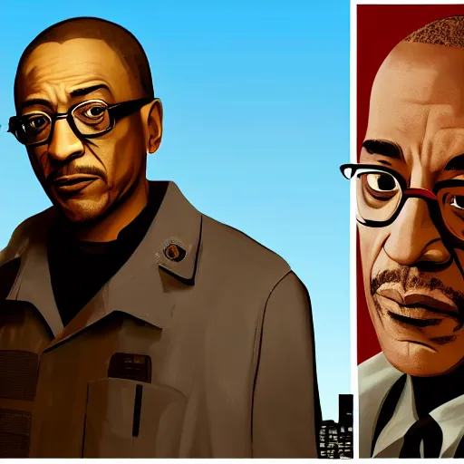 Image similar to Giancarlo Esposito aka Gus Fring from Better Call Saul as a GTA character portrait, Grand Theft Auto, GTA cover art