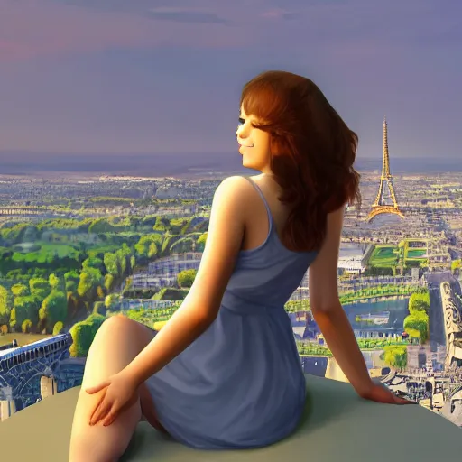 Prompt: A young beautiful giantess wearing a sundress sitting on the Eifel tower,her feet are visible and in focus ,detailed body and face, beautiful lighting,digital art , highly detailed , high contrast, beautiful lighting, award winning , trending on art station, 8k, photorealistic,unreal engine 5