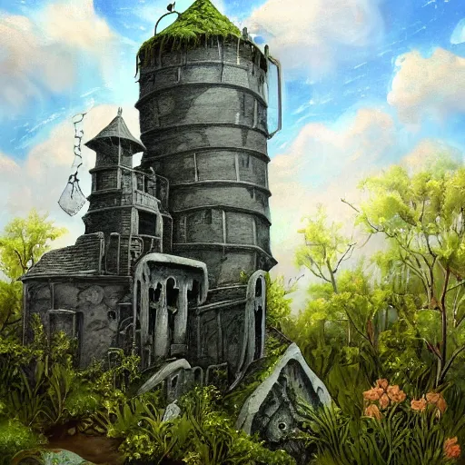 Image similar to Painting of the abandoned wizard\'s tower in the overgrown garden. Fantasy art.