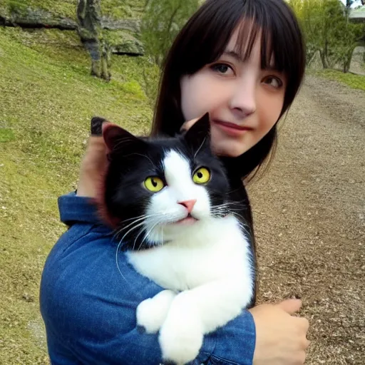 Prompt: ghibli a calico cat on a eurasian girl's shoulder