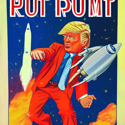Prompt: donald trump as rocket pilot, pulp art, full color, space art,