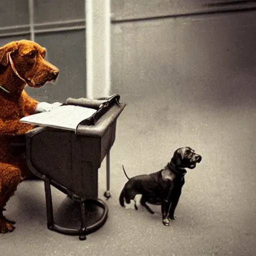 Prompt: A humanoid dog writing a Story with a type writer