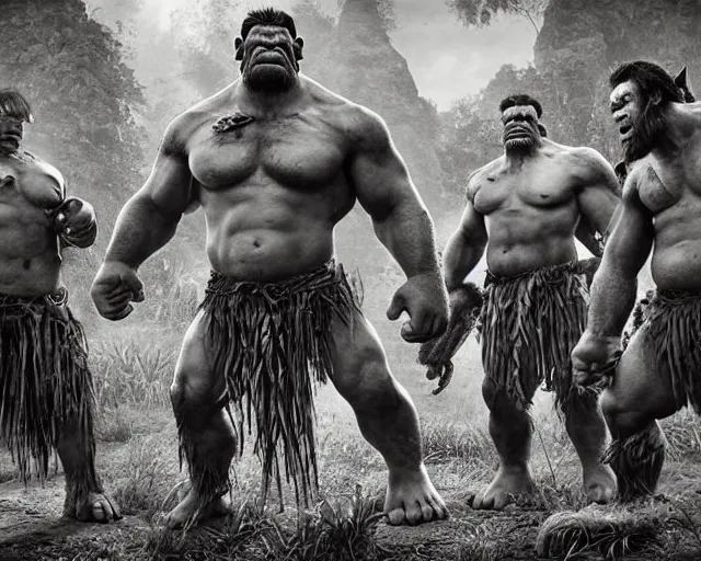 Image similar to hyper realistic group vintage photograph of a live action warcraft orc warrior tribe in the jungle, tall, hulk like physique, detailed faces, tribal paint, tribal armor, grain, old, monochrome, sepia toned, realistic lighting, wide angle