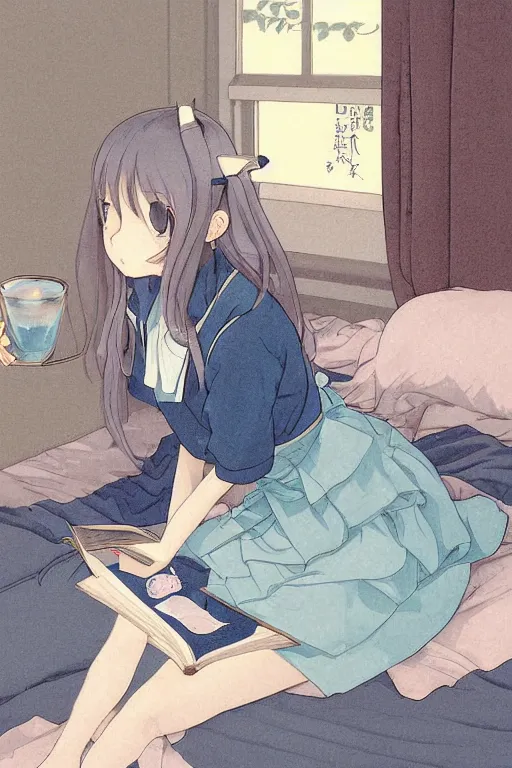 Image similar to a digital painting of a girl in Japanese high school uniform reading a book with a cat and candle in A comfortable bed room at midnight,blue and grey theme,JK uniform ,Hairdryer,blue theme,S line, by krenz cushart and mucha and range murata and greg rutkowski