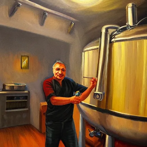 Image similar to viktor orban brewing beer in his kitchen, oil painting